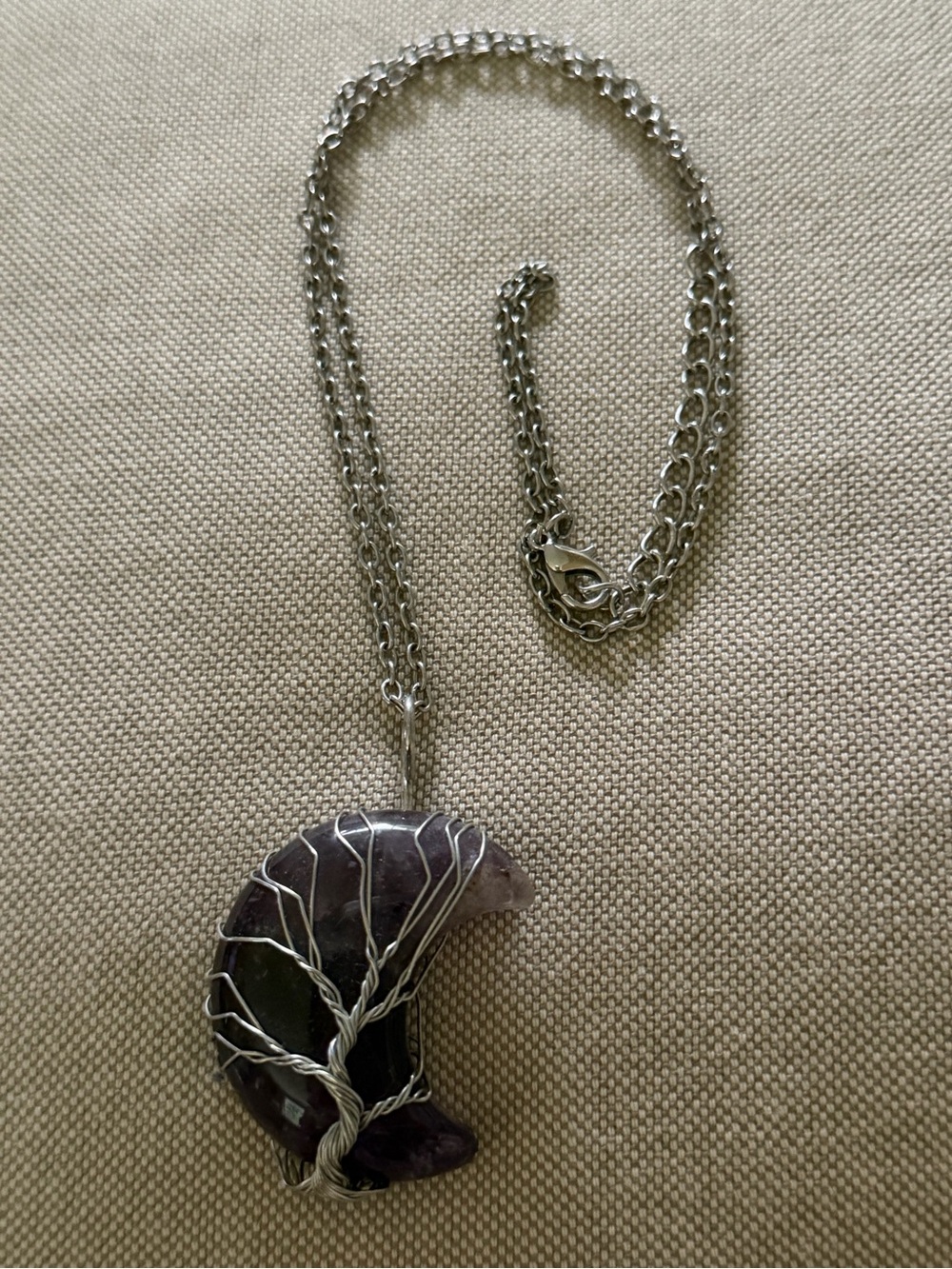 Handcrafted Amethyst Crescent Tree of Life Pendant Necklace - Purple
